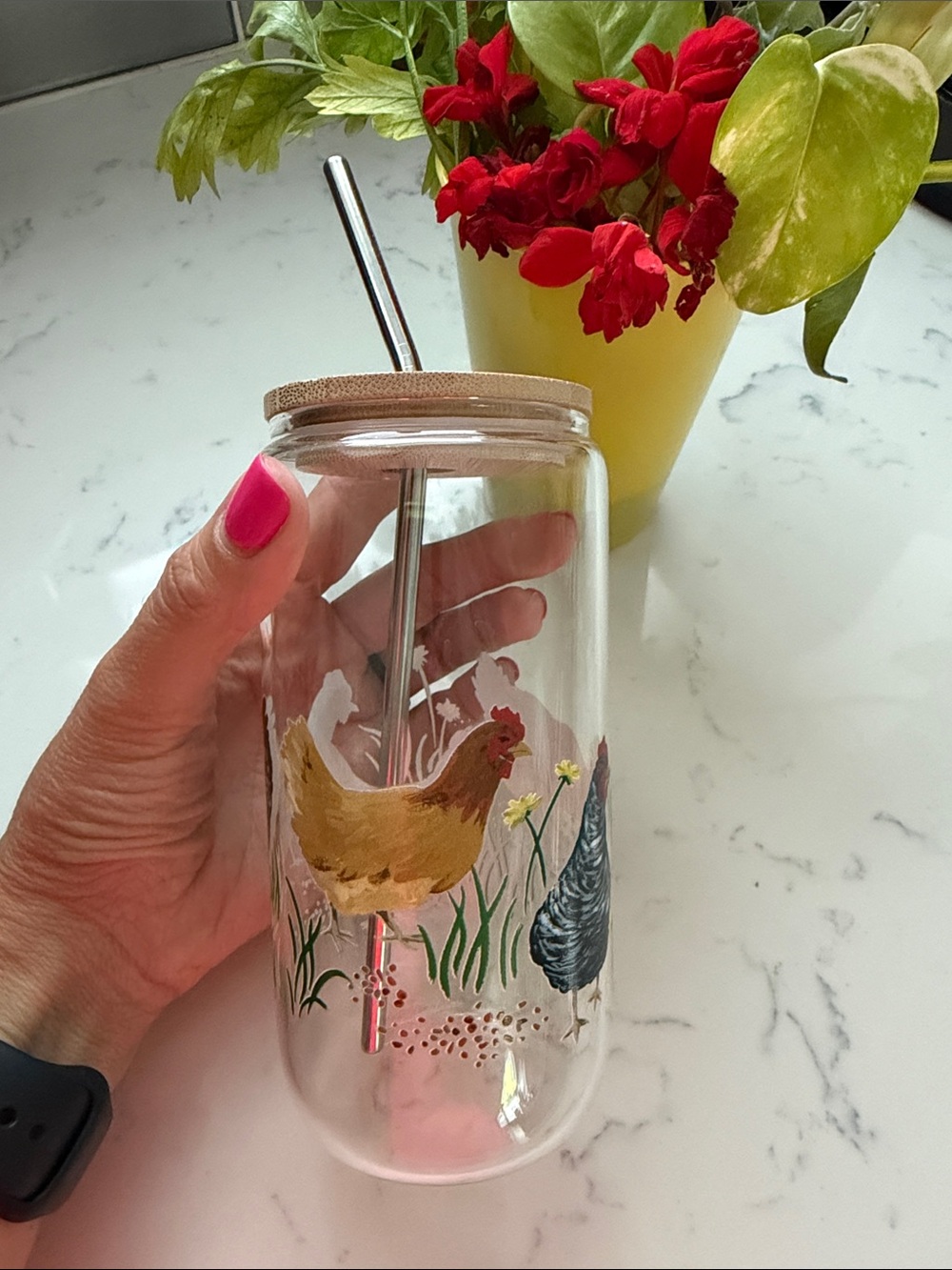 BRAND NEW Glass Chicken Tumbler Wood Lid, Metal Straw, Cup, To Go, Travel Cup